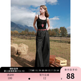 三彩2025秋款纯色坑条背心自带胸垫吊带修身短款打底内搭M 经典黑 S 155/80A