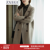 ZXEGI高端女装外套2025年新款100%羊毛双面毛呢大衣女中长款小个子显瘦 混咖色（人字纹） M