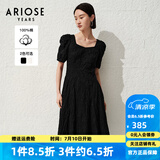 艾诺丝雅诗【商场同款】夏季新品通勤全棉提花方领泡泡袖连衣裙30529018 黑色 XL