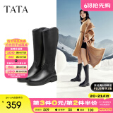 他她（TATA）黑色V口长筒靴女英伦加绒抗寒高筒靴骑士靴冬季G5JA1DG2 黑色（单里） 34