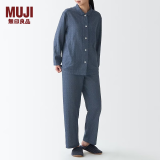 无印良品 MUJI 女式无侧缝双层纱织睡衣纯棉全棉 FDA20C1A 女士家居服套装 藏青色X图案 L-XL