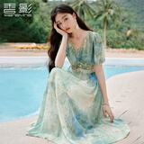 香影海边度假晕染连衣裙女2026夏季新款民族风波西米亚v领雪纺裙 绿花 连衣裙  M 160/84A/95-110斤