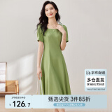 尚都比拉短袖连衣裙女夏季时尚通勤中长款a字裙钉珠收腰显瘦裙子 绿色 M