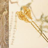 俏江南凤回首银鎏金发钗非遗花丝镂空珍珠新中式发饰簪子凤凰来仪银发簪 双凤.花丝银鎏金发钗