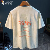 啄木鸟（TUCANO）美式宽松短袖T恤男重磅潮流印花圆领夏季上衣体恤落肩半袖男衣服 杏色 【做旧印花介意勿拍】 M 【建议130-140斤】