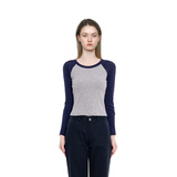 BM长袖上衣女春秋季拼色插肩长袖针织女修身撞色2025新款打底衫运动 灰拼藏青 均码