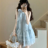 芸荨裙子女夏季2025新款无袖海边度假蓝色蝴蝶结花边挂脖吊带多巴胺连 浅蓝色[蓬蓬蛋糕裙]小斯 S [关注店铺送小礼物]