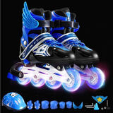 拓呈溜冰鞋儿童全套装成人男女小孩旱冰鞋滑冰鞋轮滑鞋直排轮初学者 音乐款蓝全闪(头盔+护具+礼包) M （适合鞋码32-37码）适合脚长20-23CM