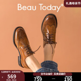BEAUTODAY平底乐福鞋女鞋子2025新款布洛克单鞋英伦风牛津鞋复古小皮鞋子女 焦糖棕 40
