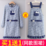 曼达萌帆布围裙女可爱长袖家用厨房透气做饭罩衣大人防油耐磨工作服围腰 帆布可爱兔蓝【长袖+围裙】