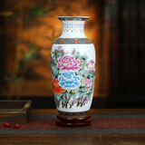 收藏天下景德镇陶瓷器仿古粉彩花瓶客厅摆件酒柜玄关博古架电视柜瓷瓶摆设 花开富贵松子瓶【单瓶】+底座37cm