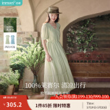 茵曼（INMAN）法式薄荷曼波连衣裙2024夏女装新品V领灯笼袖抽绳 水沫绿 M