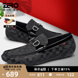 零度Zero休闲皮鞋男夏季新款格纹滴胶一脚蹬驾车鞋真皮休闲鞋乐福鞋男 黑色 38 (240mm)