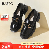 百思图乐福鞋女商场同款羊皮厚底松糕鞋女士休闲皮鞋TFW29CA22 黑色 34