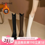 达芙妮厚底V口长筒靴女2024秋冬新款女靴高筒靴显瘦百搭增高骑士靴子女 黑色【加绒款】 39