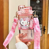 艾可思儿童双饮水杯tritan库洛米水杯塑料吸管男孩女孩小学生上学水壶 樱花kitty猫520ml 美国进口tritan