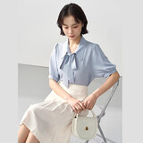 伯德小姐蓝色短袖衬衫女教师穿搭雪纺正装上衣面试职业装衬衣