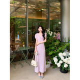 紫色短袖蕾丝连衣裙女2025夏季新款时尚气质V领长裙子薰衣草花园 紫罗兰连衣裙（含内衬裙） XS