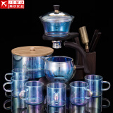 正扬懒人泡茶神器玻璃自动茶具套装家用磁吸整套功夫茶杯茶壶三件套盘 自动(七彩楼阁)6焕彩+竹盖茶洗