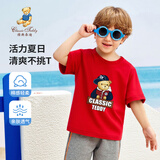 Classic Teddy儿童短袖男童T恤女童上衣夏季新款童装宝宝衣服半袖夏装1 棒球帽子熊织标短袖大红 90