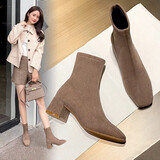 ZHR女靴质感绒面网红粗跟短靴女增高显瘦加绒保暖靴子女仙女风 Y382 卡其色 39