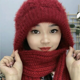 鑫诺翔帽子女秋冬季加绒加厚保暖骑车帽子围巾一体松鼠绒连体风雪毛线帽 酒红色 风雪帽均码