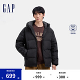 Gap男装徽章logo抽绳立领连帽羽绒服纯色外套677652 黑色 L (175/96A) 亚洲尺码
