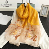 达芬奇密码混纺丝巾女春秋薄款围巾女刺绣旗袍披肩防晒苏州苏绣纱巾百搭妈妈 锦上添花 姜黄