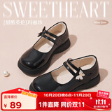 富罗迷女童皮鞋儿童公主鞋方口单鞋时尚儿童校园演出鞋 黑色 35