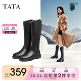 他她（TATA）黑色V口长筒靴女英伦加绒抗寒高筒靴骑士靴冬季G5JA1DG2 黑色（单里） 37