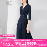 晚白爆款显瘦a字连衣裙2025春季新款高级感通勤百搭纯色高腰v领裙子 深蓝色 M