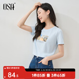 欧莎（OSA）T恤女士夏季新款衣服短袖印花上衣体恤修身潮清爽冰瓷棉感 浅蓝色 L