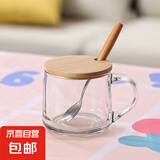玻璃饮水杯成人牛奶杯早餐大肚杯带盖勺加热咖啡泡茶杯简约啤酒杯 简约杯+竹盖+木柄勺 350ml 1只