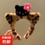 猫耳朵毛绒发箍豹纹KT猫酱发箍女洗脸化妆头箍卡通发饰 虎纹黑猫