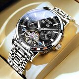 冠琴（GUANQIN） 手表男士机械表多功能夜光万年历飞轮运动防水腕表男表送男友 精钢黑面