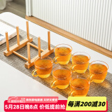 瓷牌茗茶具 玻璃茶杯大号透明玻璃品茗杯耐热小茶杯带把水杯功夫茶具主人杯 金色（坚纹）6个把杯+杯架 110ml