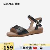 奥康（Aokang）女鞋坡跟一字带凉鞋牛皮舒适日常休闲外穿妈妈鞋T666688810黑37码