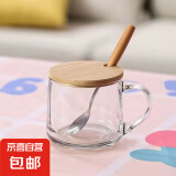 玻璃饮水杯成人牛奶杯早餐大肚杯带盖勺加热咖啡泡茶杯简约啤酒杯 简约杯+竹盖+木柄勺 350ml 1只