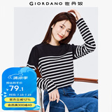 佐丹奴T恤女纯棉条纹海军风海魂衫开叉下摆圆领长袖t恤女13322802 09黑白条纹色 M
