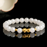 豆蔻时光8mm和田玉白玉黄金手串足金财福貔貅金镶玉石手链生日礼物男女款 