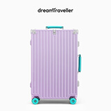梦旅者新款撞色复古行李箱铝框拉杆箱万向轮高颜值旅行箱男女密码箱皮箱 升级版紫配蒂芙尼蓝卡扣 24英寸 （轴承减震轮+个性撞色）