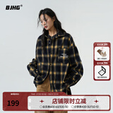 BJHG不计后果秋季刺绣撞色复古格子衬衫男潮牌新款港风宽松衬衣外套女 黄蓝格纹 XL