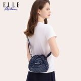ELLE ACTIVE精致提花斜挎包女轻便单肩包时尚女包潮流抽绳牛仔水桶包 牛仔蓝