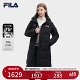 FILA 斐护科技|斐乐女装长款羽绒服冬季休闲简约连帽保暖羽绒外套 正黑色-BK 165/84A/M