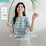 茵曼百搭轻薄通勤风女装条纹针织短袖t恤夏季显瘦套头上衣 蓝色 S