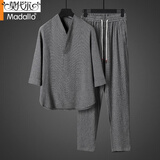 莫代尔高档棉麻休闲家居服男运动透气夏季中国风V领修身中年爸爸两件套 422灰色套装 4XL