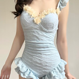 麓格立泳衣女新款高级绝美连体聚拢小胸遮肚显瘦海边度假泡温泉泳衣 浅蓝色泳衣均码【建议80-115斤】