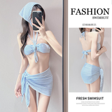 邦帛世比基尼泳衣女款分体四件套带头巾复古条纹性感夏日沙滩度假泡温泉 条纹比基尼【蓝色】 均码 适合【80斤-120斤】