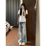 鲁雅尔低腰微喇牛仔裤女夏季新款辣妹宽松垂感显瘦小个子胖mm阔腿长裤子 蓝色 L