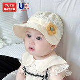兔兔大文婴儿帽子夏季薄款0-6-12个月宝宝遮阳防晒帽大檐小月龄公主鸭舌帽 太阳花黄色-可调节系带 参考3-15个月/43-48cm